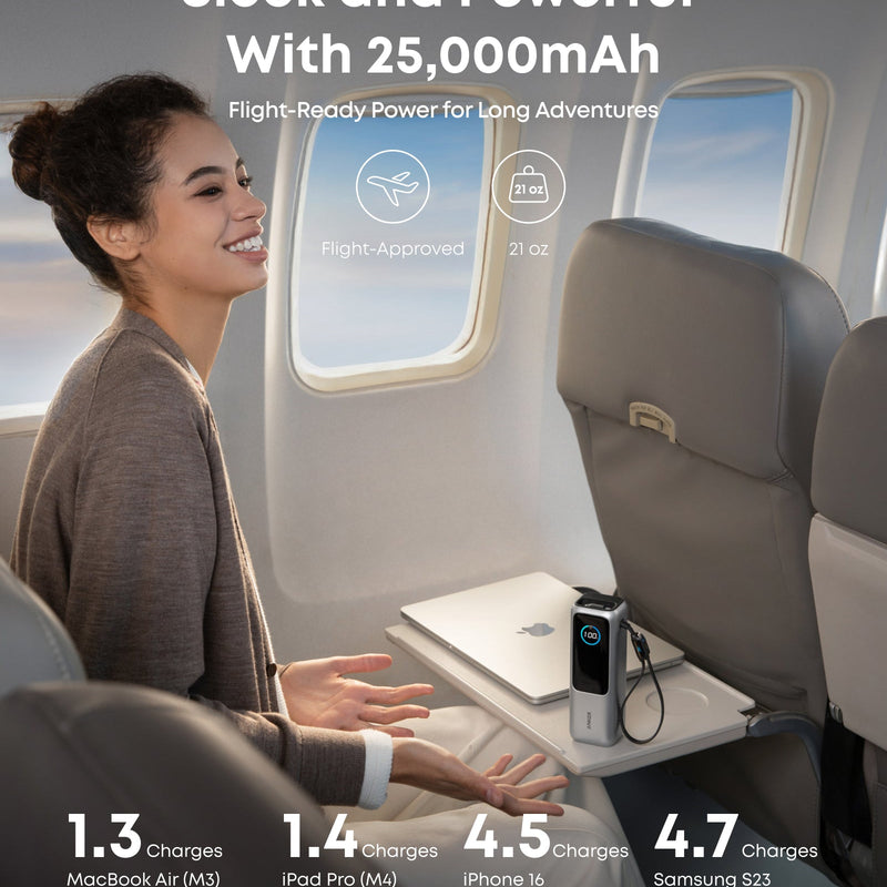 Anker 25K 165W laptop power bank in space black with built-in and retractable cables for portable charging.