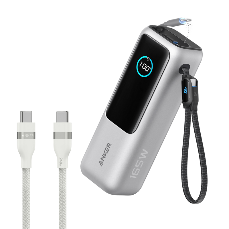 Anker 25K 165W laptop power bank in space black with built-in and retractable cables for portable charging.