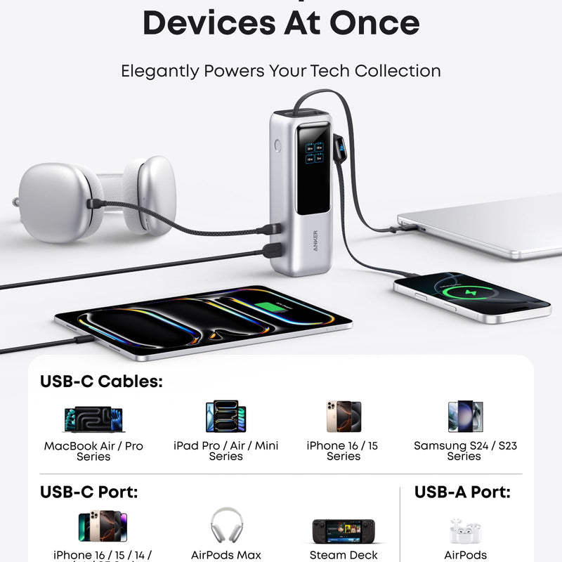 Anker 25K 165W laptop power bank in space black with built-in and retractable cables for portable charging.