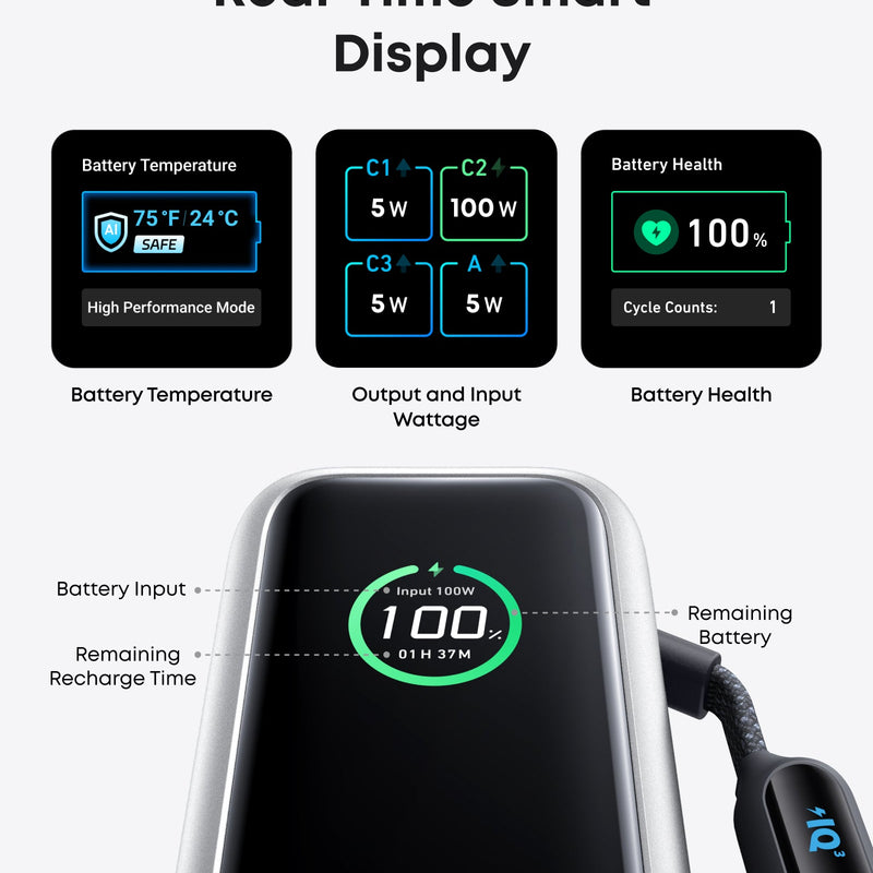 Anker 25K 165W black laptop power bank with built-in and retractable cables for portable device charging.