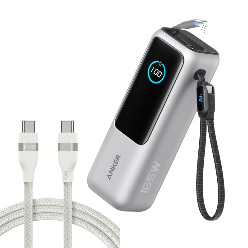 Anker 25K 165W laptop power bank with built-in and retractable cables in space black, portable charging device.