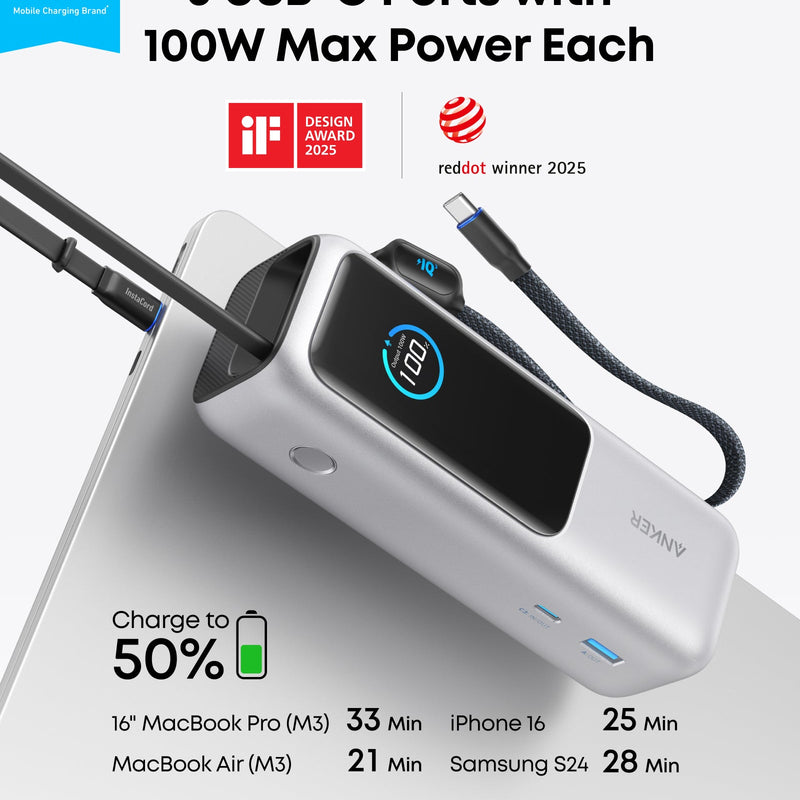 Anker 25K 165W laptop power bank in space black with built-in and retractable cables for portable charging.