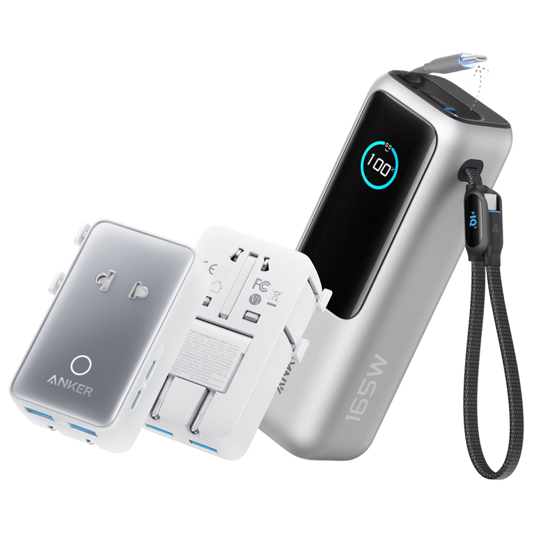 Anker 25K 165W laptop power bank in space black with built-in and retractable cables for portable charging.