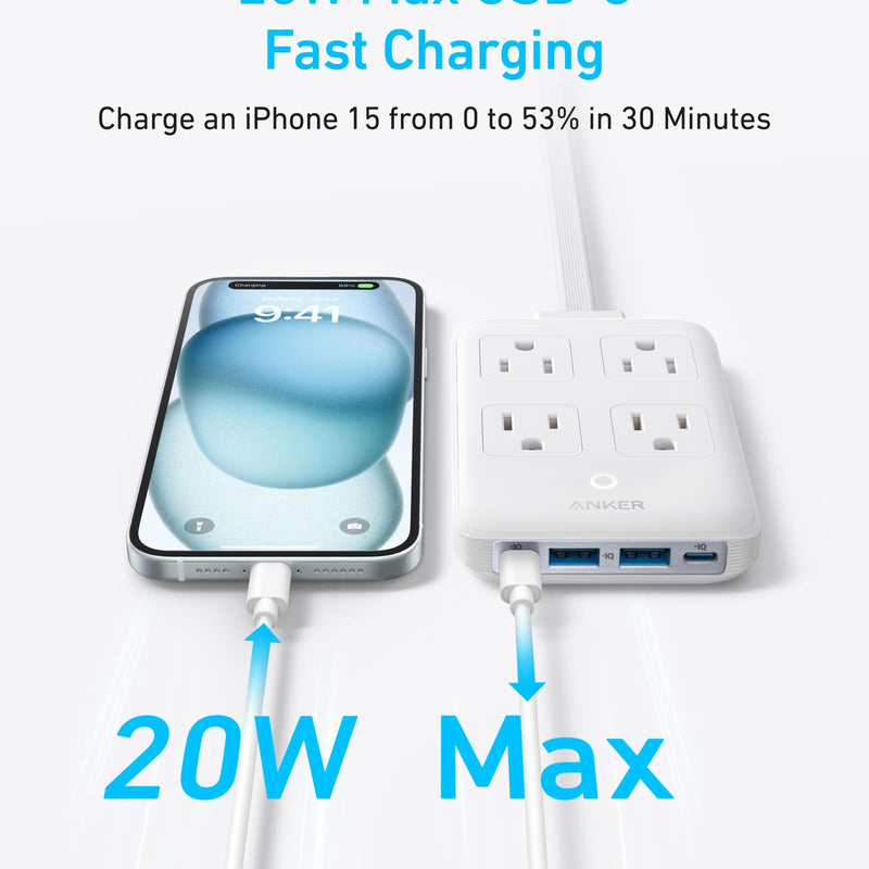 Anker 8-in-1 charging station in white with multiple ports and 20W power for charging smartphones, tablets, and accessories.