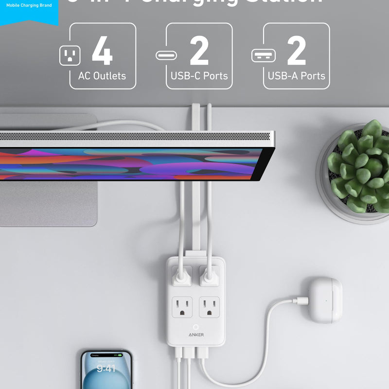Anker 8-in-1 charging station in white with multiple USB ports and 20W power output for charging devices simultaneously.