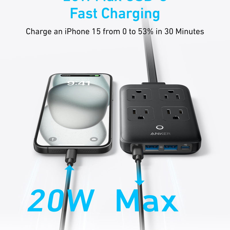 Anker 8-in-1 charging station in white with multiple ports, including 20W fast charging for smartphones and devices.
