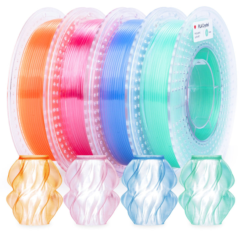 Transparent gradient PLA filament pack by Amolen with four 200g spools, ideal for 3D printing projects.