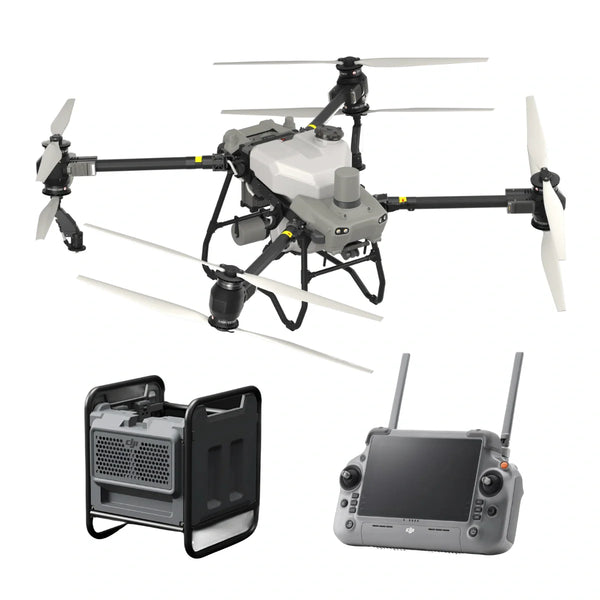 DroneFly DJI Agras T50 spraying drone with large payload tank and advanced aerial spraying equipment.