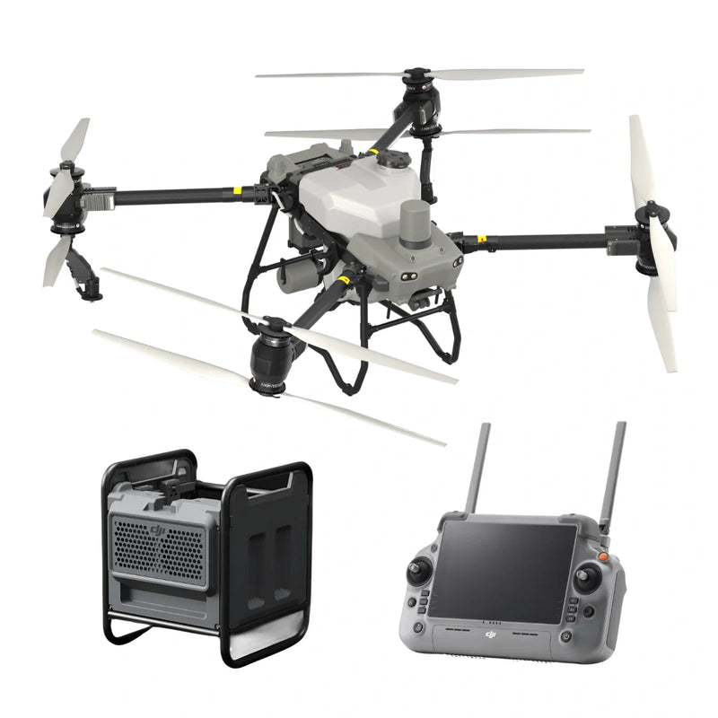 DroneFly DJI Agras T50 spraying drone with large payload tank and advanced aerial spraying equipment.