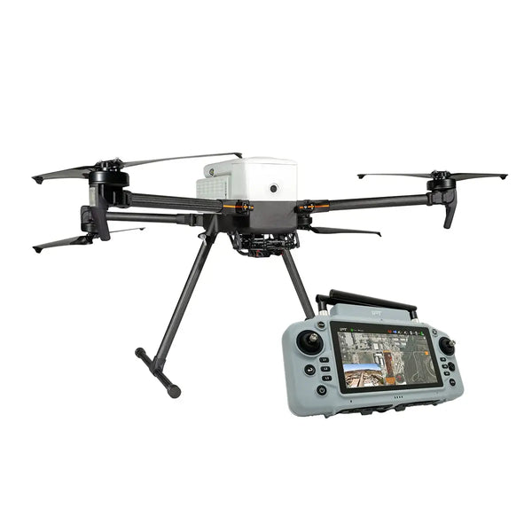DroneFly Inspired Flight IF800 quadcopter with GS-ONE ground control station, showing the drone in flight with remote control.