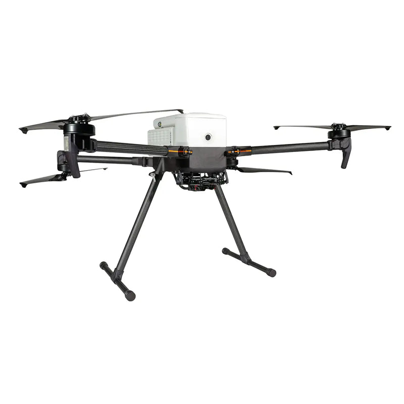DroneFly Inspired Flight IF800 quadcopter drone with GS-ONE ground control station, showcasing its sleek design and remote control setup.