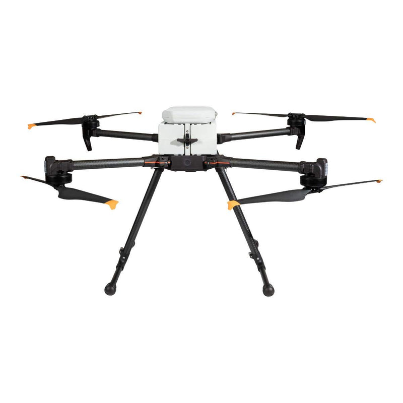 DroneFly Inspired Flight IF800 quadcopter drone with GS-ONE ground control station, featuring four rotors and remote control interface.