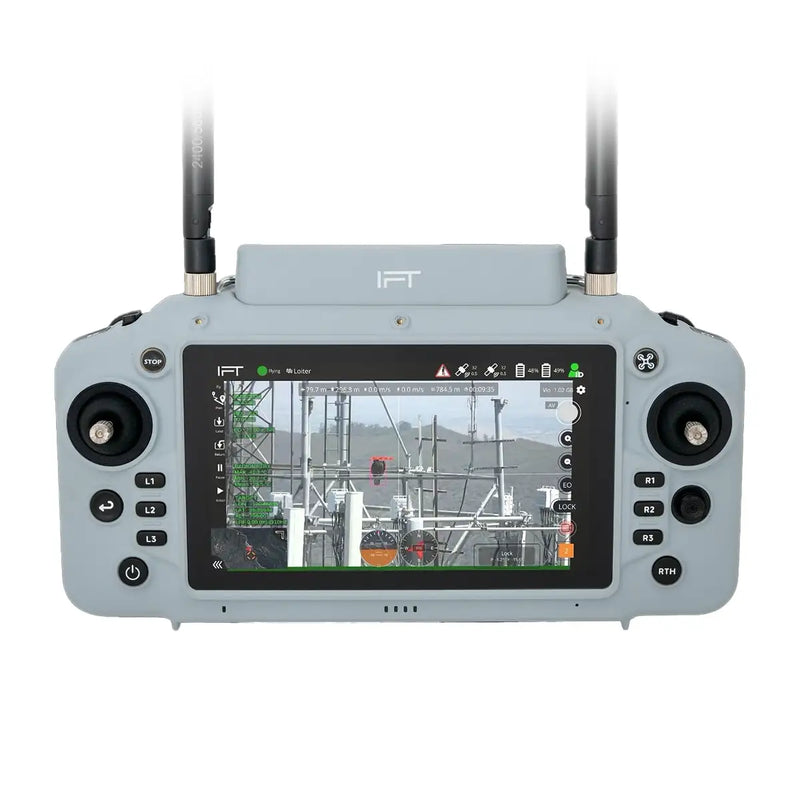 DroneFly Inspired Flight IF800 quadcopter drone with GS-ONE ground control station, showing the drone and control interface.