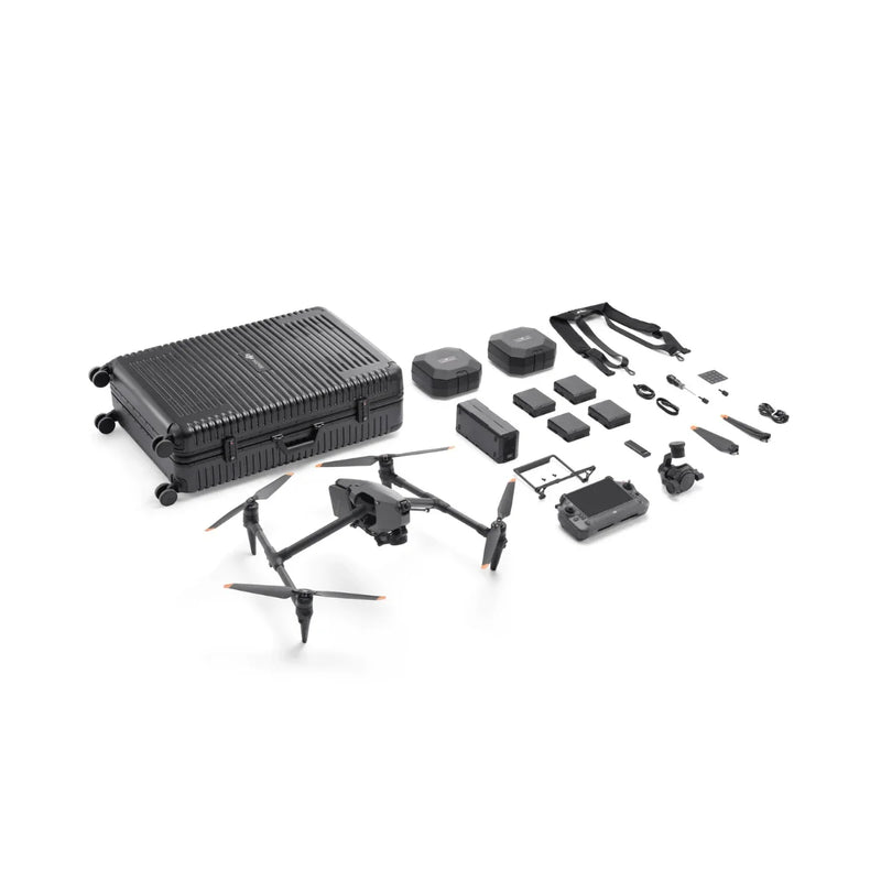 DJI Inspire 3 drone with camera and accessories in the Ready to Film Bundle, shown with remote control and flight gear.