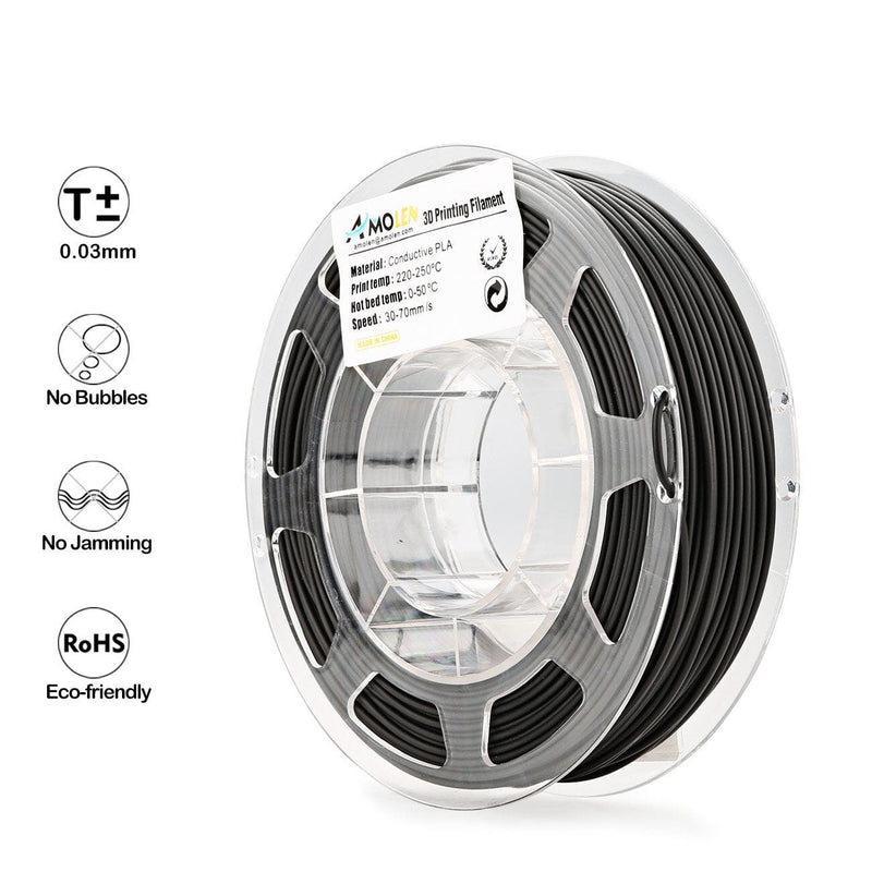 Amolen conductive PLA filament spool, 1.75mm diameter, 200g, used for 3D printing electrical circuits and functional prototypes.