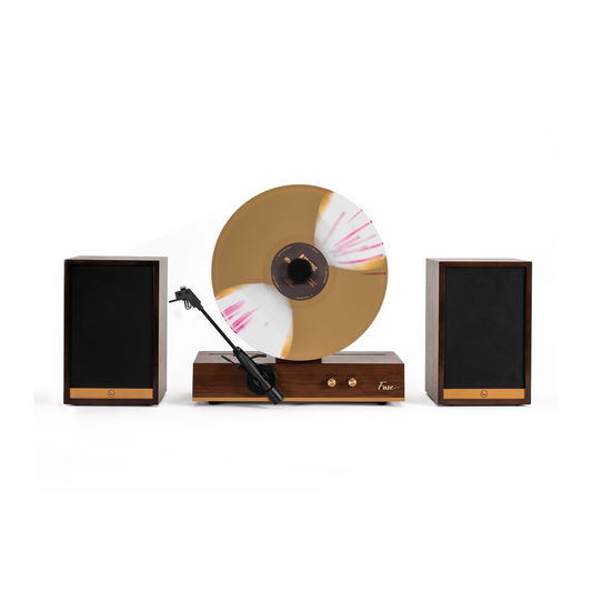 Fuse Audio GLD Vertical Vinyl Record Player, stylish turntable with gold finish, designed for playing vinyl records.