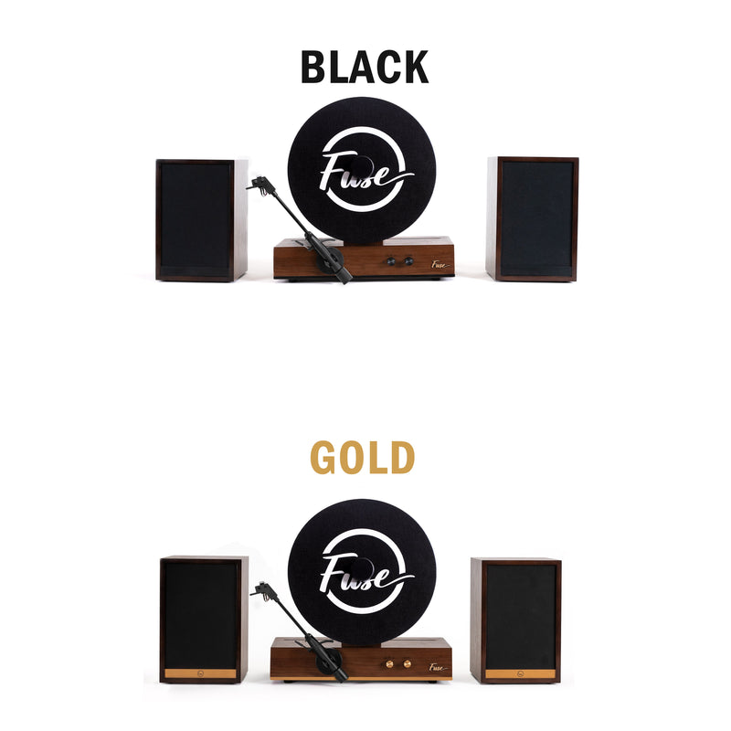 Fuse Audio GLD Vertical Vinyl Record Player, sleek gold turntable with vertical record display, part of Fuse Audio's turntables collection.