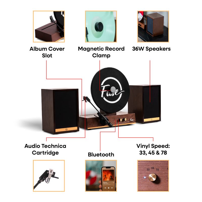 Fuse Audio GLD Vertical Vinyl Record Player turntable with gold finish, showcasing a sleek design and record spinning on the platter.