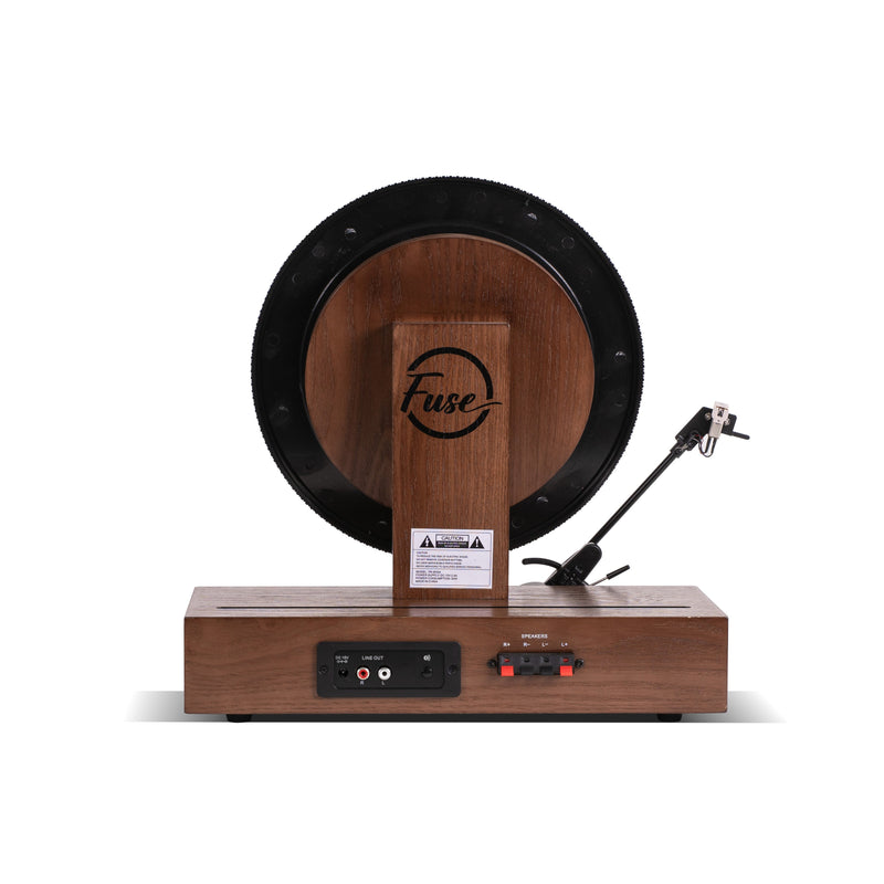 Fuse Audio GLD Vertical Vinyl Record Player, a sleek gold turntable with vertical record display and modern design.