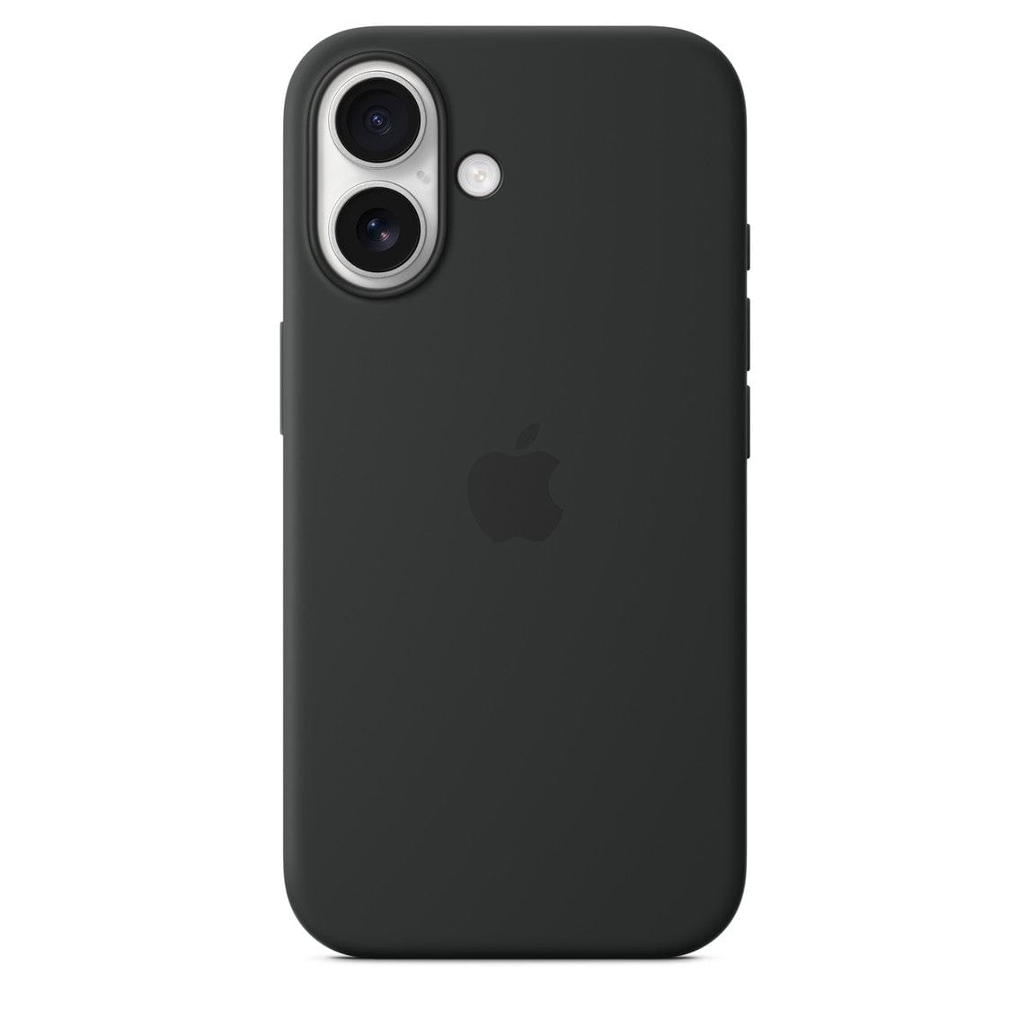 Black Vogueen iPhone 16 silicone case with MagSafe, showing a close-up of the smooth, flexible material and magnetic attachment area.