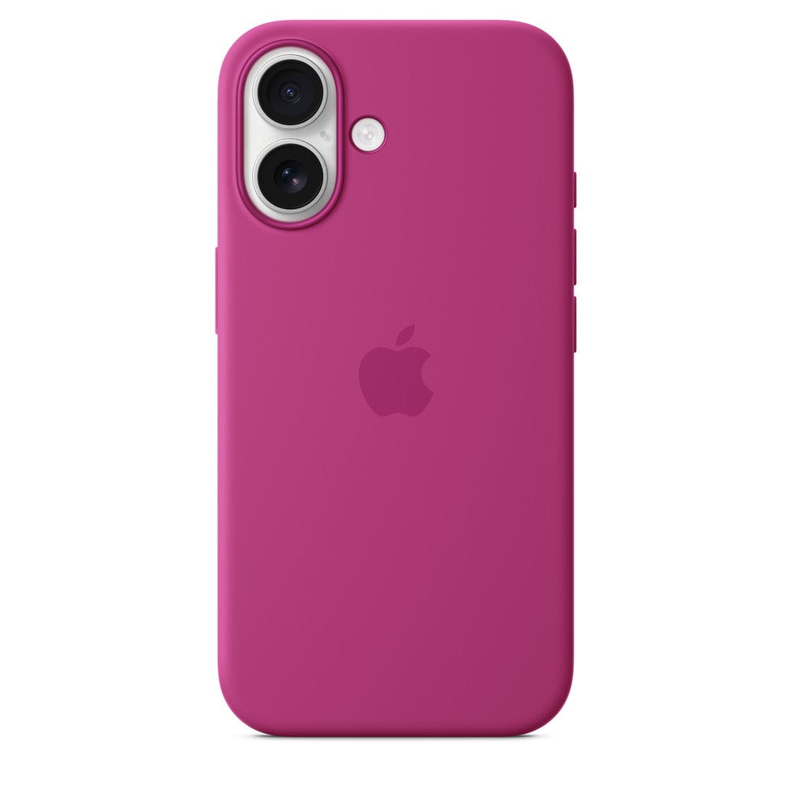 Fuchsia Vogueen iPhone 16 silicone case with MagSafe attachment, showcasing smooth texture and precise cutouts for buttons.