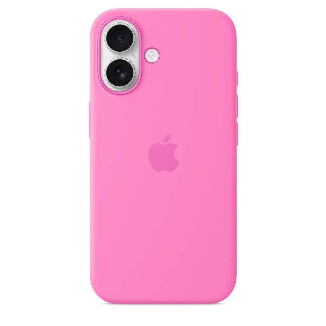 Vogueen iPhone 16 silicone case with MagSafe in peony pink, showing the slim, soft material and magnetic attachment feature.