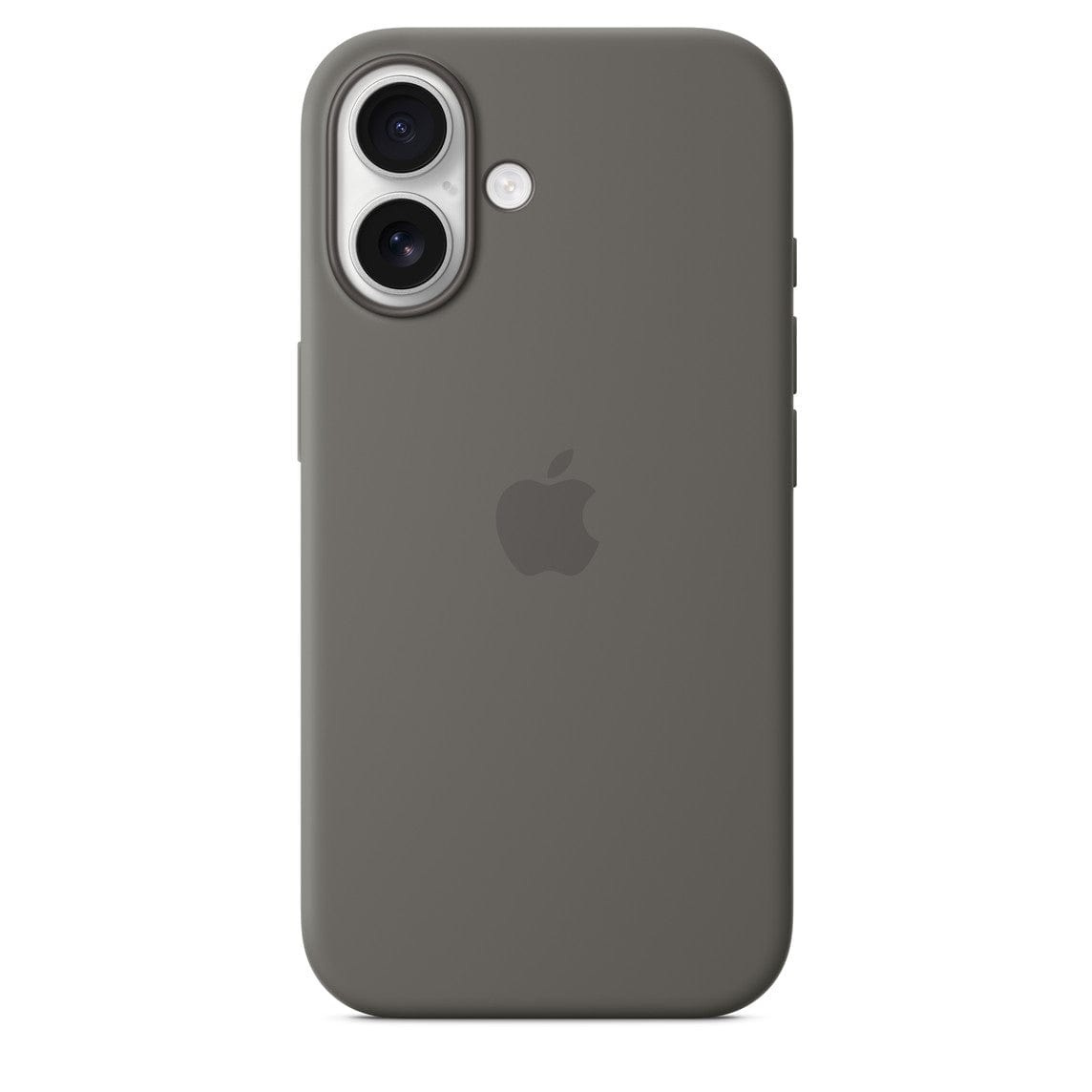 Vogueen iPhone 16 silicone case with MagSafe in stone gray, showing a close-up of the soft, durable protective cover.