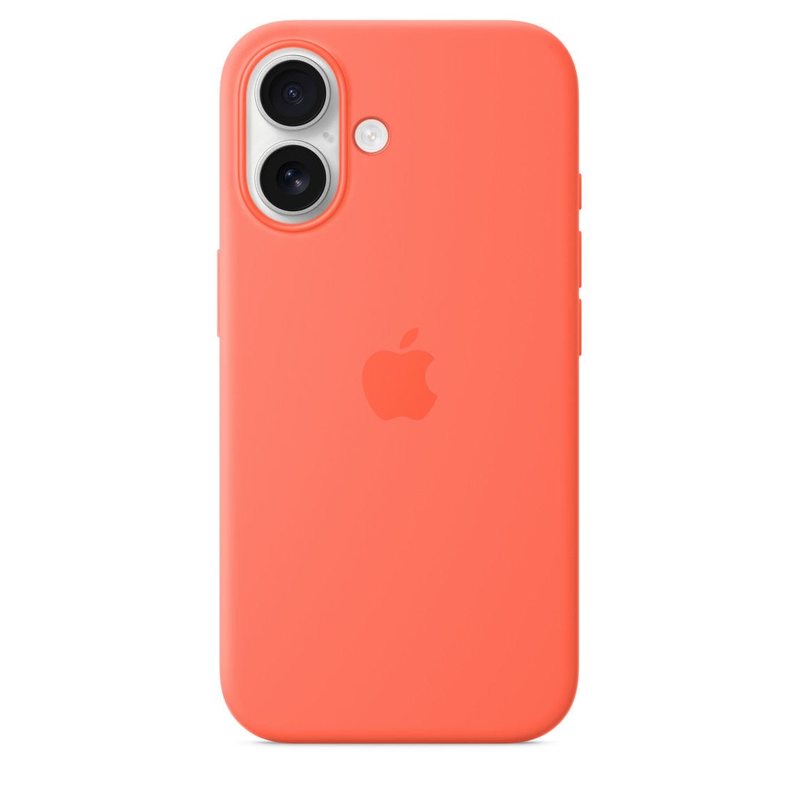 Vogueen iPhone 16 silicone case with MagSafe in vibrant tangerine color, showing the sleek design and magnetic attachment area.