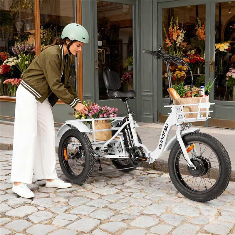 EUNORAU E-BIKE US NEW-TRIKE 2.0 electric trike with a sturdy frame and three wheels, suitable for comfortable urban riding.
