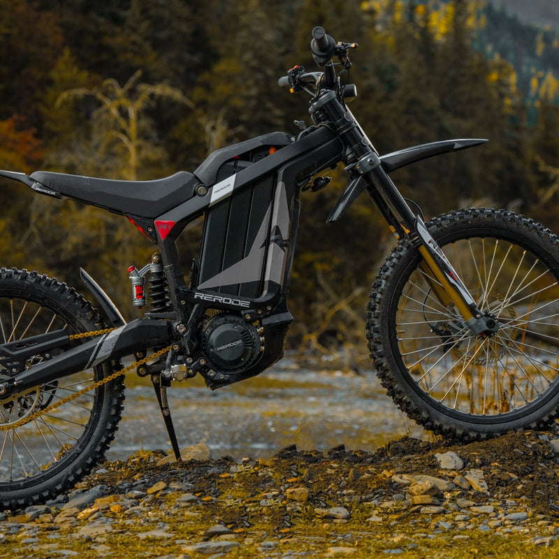 EUNORAU E-BIKE US R1-19 E-Dirt Bike outdoors, showcasing its rugged design and off-road tires for adventurous riding.