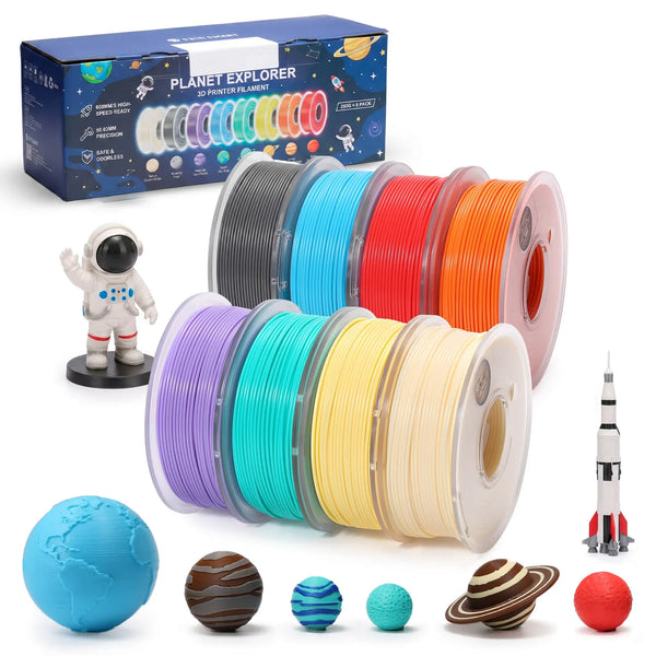 SainSmart Planet Explorer 8-color PLA filament bundle with 1.75mm mini spools, high-speed, 0.02mm accuracy for 3D printing.