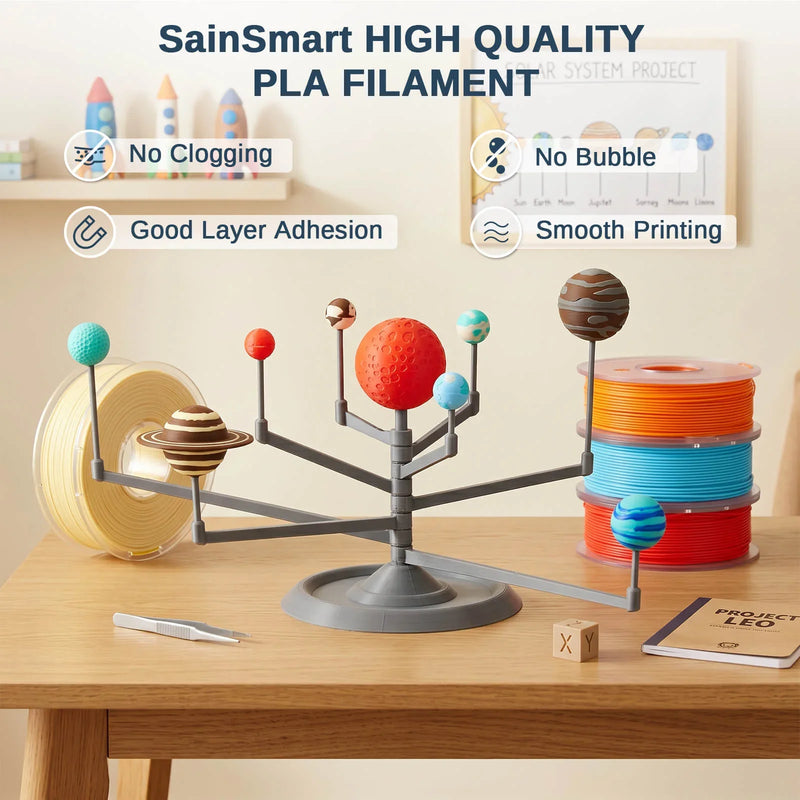 SainSmart Planet Explorer 8-color PLA filament bundle with 1.75mm mini spools, high-speed, 0.02mm accuracy, compatible with FDM 3D printers.