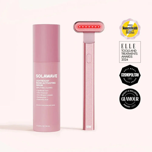 Solawave 4-in-1 red light therapy wand and activating serum kit with rose gold finish for radiant skincare and skin renewal.