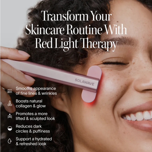 Solawave 4-in-1 red light therapy wand and activating serum kit for skincare, with the wand and serum bottles shown.