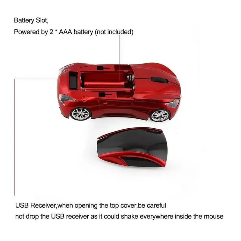 Red Stevvex Sport Car Shape Wireless Mouse with 2.4G connection and 1600DPI optical sensor for computer and laptop gaming.