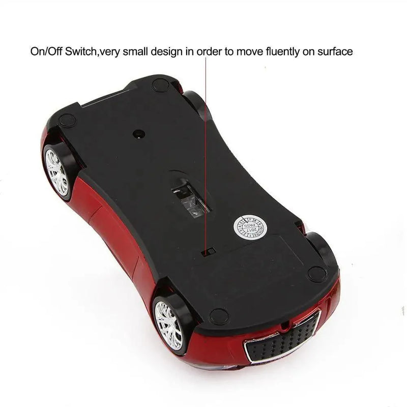 Stevvex sport car-shaped wireless mouse with red design, 2.4G connectivity, 1600 DPI optical sensor for computer and laptop use.