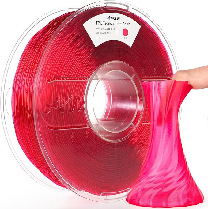 Amolen TPU transparent filament spool for 3D printing, showing clear, flexible 1.75mm filament in a 1kg/2.2lb package.