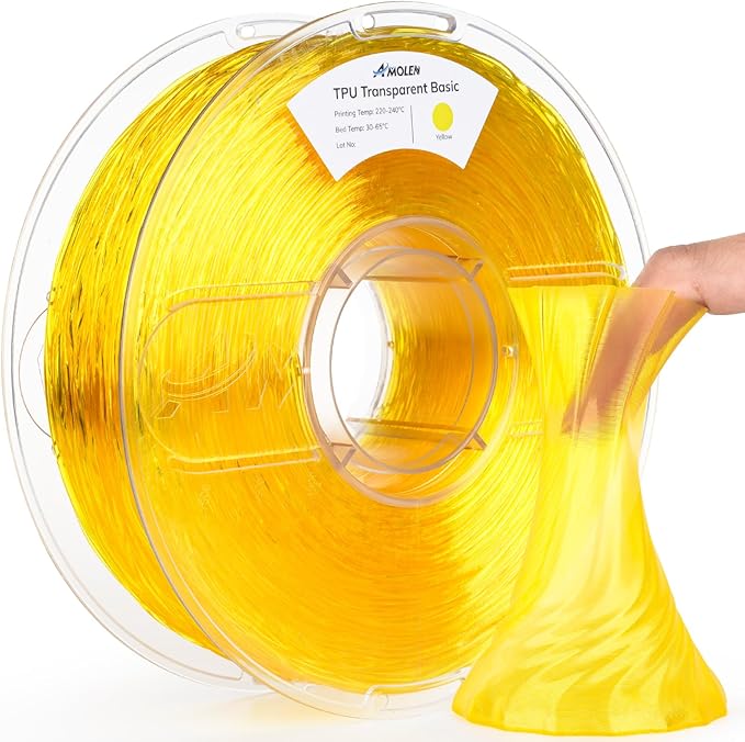 Clear Amolen TPU filament in 1.75mm, 1kg spool, showing the transparent, flexible 3D printing filament.