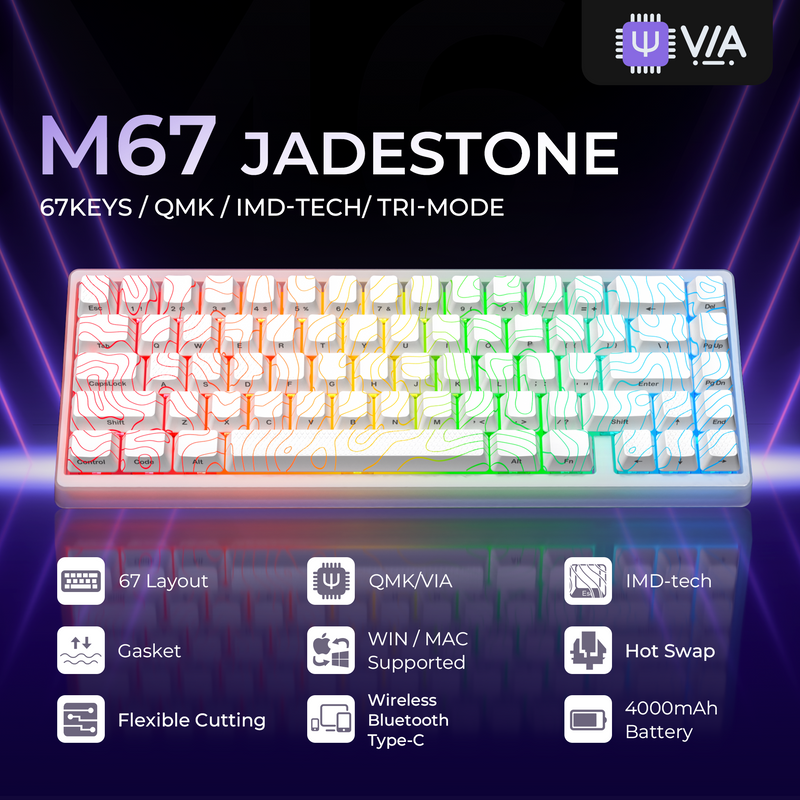 XVX M67 JadeStone Stellar White mechanical keyboard with RGB backlit, tri-mode wireless connectivity, and sleek white design.