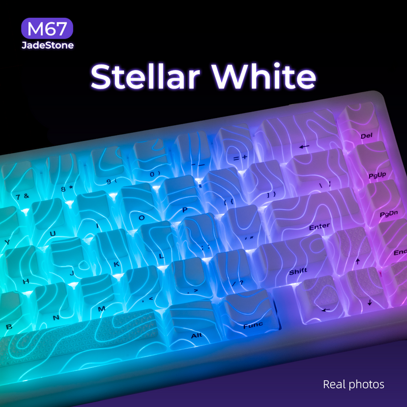 XVX M67 JadeStone Stellar White mechanical keyboard with tri-mode RGB lighting and wireless connectivity, featuring a sleek design.