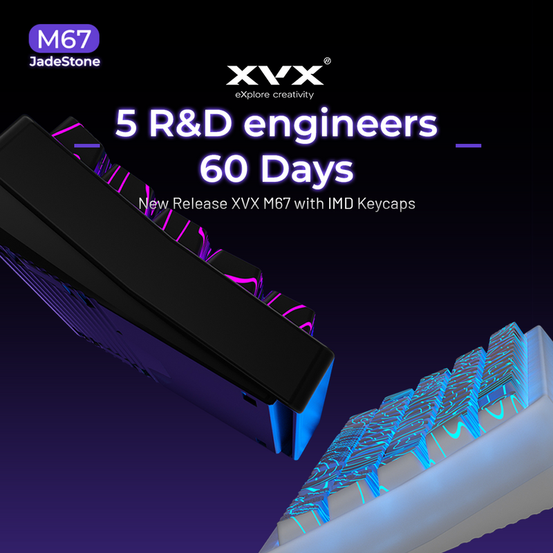 XVX M67 JadeStone Stellar White mechanical keyboard with tri-mode RGB lighting and wireless connectivity, featuring a sleek white design.