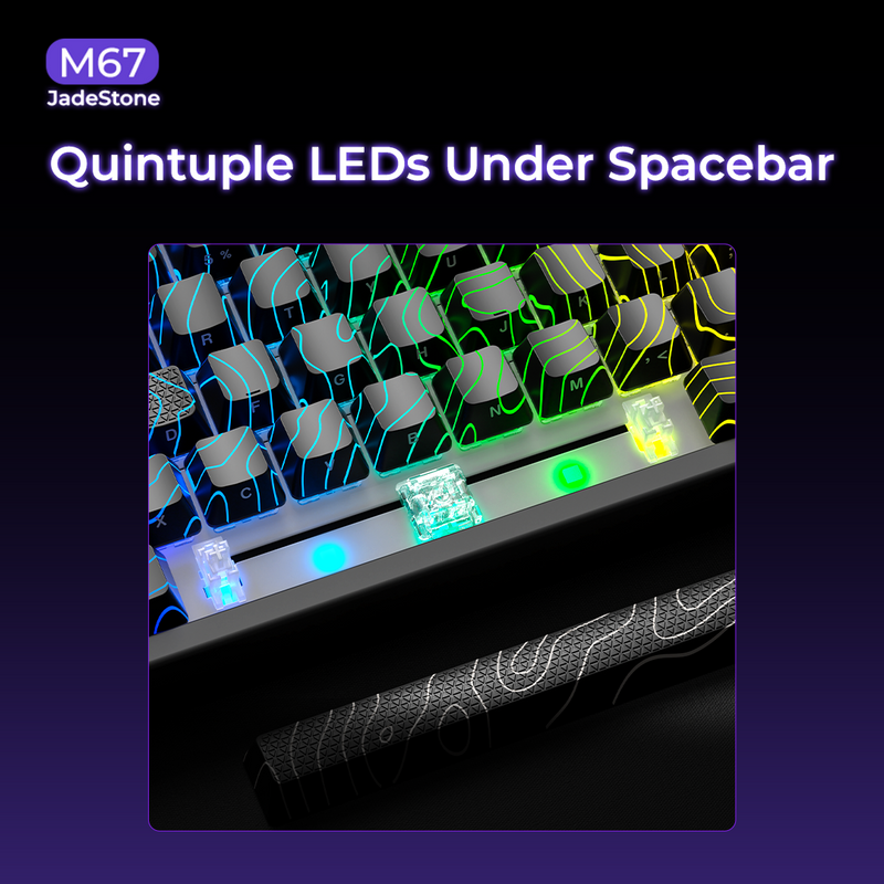 XVX M67 JadeStone Stellar White mechanical keyboard with RGB backlit keys and tri-mode wireless connectivity, by XVX Keyboard Channel.