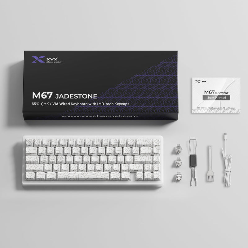 XVX M67 JadeStone Stellar White tri-mode RGB mechanical keyboard with white keycaps and sleek design from XVX Keyboard Channel.